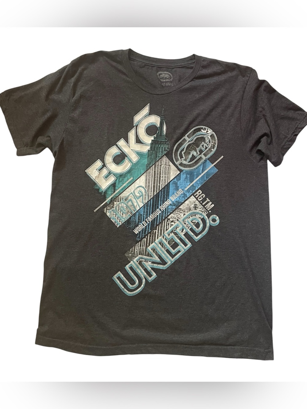 Ecko Unltd NYC Graphic Tee Distressed Print Y2K Streetwear Shirt-XL